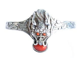 Sterling Silver Dragon Cuff Bracelet w/Coral