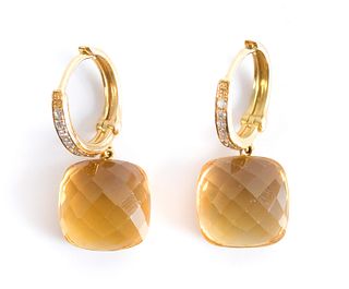 Pair, 14K YG Diamond & Golden Amethyst Earrings