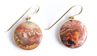 Pair, 14K Yellow Gold & Agate French Wire Earrings