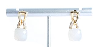 Pair, 14K YG White Quartz & Diamond Earrings