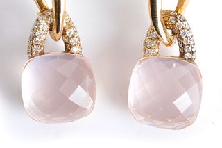 Pair, 14K YG Diamond & Pink Quartz Earrings