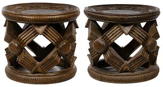 African Bamileke Style Carved Wood Stools