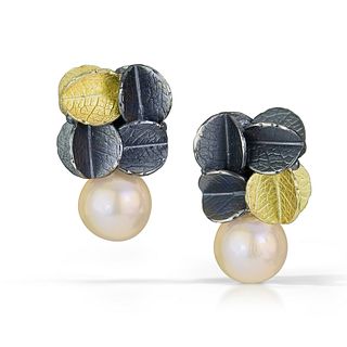 Gold/silver Cube Urban cluster earrings with Freshwater pearl