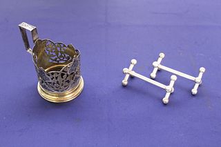 Russian Silver Cup Holder and 2 Sterling Silver Knife Rests