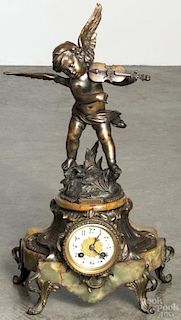 French bronze and marble statue clock, Chanson de Printemps, 21'' h.