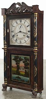 Henry Terry mahogany mantel clock with a carved eagle crest, 37 1/4'' h.