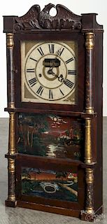Upton, Merrimans & Co. mahogany triple decker clock with a carved eagle crest, 35 1/2'' h.
