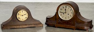 English oak tambour clock, 12 1/2'' h., together with a Gilbert mahogany tambour clock, 10 1/2'' h.