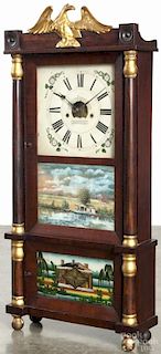 Forestville Clock Co. mahogany triple decker mantel clock with a gilt eagle crest, 37'' h.