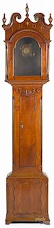 Pennsylvania Chippendale walnut inlaid tall case clock case, having the tympanum inlaid J. H. D. L.