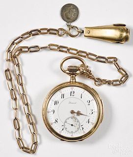 Dunand gold repeater pocket watch with a cigar cutter fob and chain, 2'' dia.