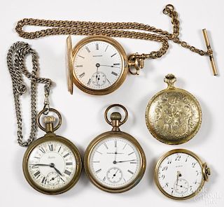 Five miscellaneous pocket watches, to include Elgin, Waltham, Sears, and Andre Rivalle.