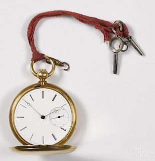 C. B. Co. 18k gold hunter case keywind pocket watch, 2'' dia.