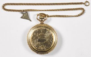 Elgin 14k gold-filled engraved hunter case pocket watch, 2'' dia.