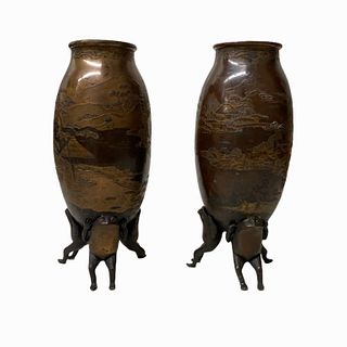 Japanese Bronze Vases With Frogs