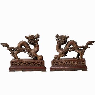 Pair of Chinese Carved Wooden Foo Lions