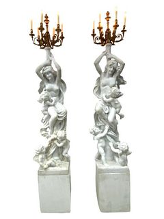 A Pair of Ormolu-Enriched Marble Nymph Candelabra