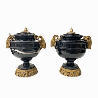 French Style Marble And Bronze Covered Urns