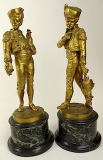 Lalouette, French Two (2) 19/20th Century Gilt Bronze Sculptures on Marble Plinths "Youth in Cap Carrying a Rooster"