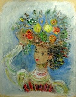 Constantin Terechkovitch, Russian (1902-1978) Watercolor and Pastel on Paper "Femme au Chapeau Fleuri"