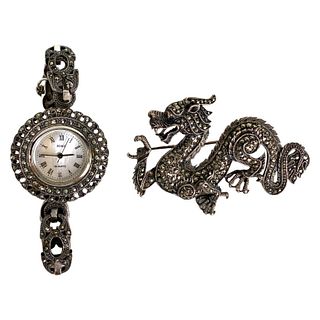 Boma Sterling Silver Watch and Dragon Broach