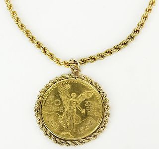 Mexican 50 Pesos Gold Coin on 14 Karat Yellow Gold Rope Chain.