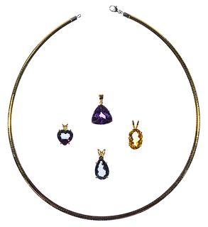 14k Gold and Gemstone Pendant and Omega Necklace Assortment