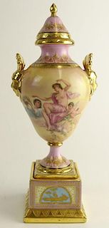 Small Antique Royal Vienna Hand Painted Lidded Bolted Urn.