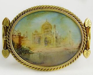 Antique 18 Karat Yellow Gold Bracelet with Inset Miniature Paintings on Shell of Indian Palaces.