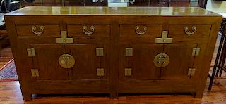 Vintage Chinese extra long multi drawer and door hardwood and brass buffet cabinet.