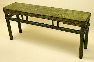 Antique Chinese elm green celadon bench.