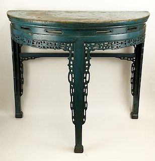 Antique Chinese poplar teal polychromed carved wood half-round table.