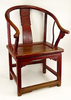 Antique Chinese red polychromed carved wood side chair.