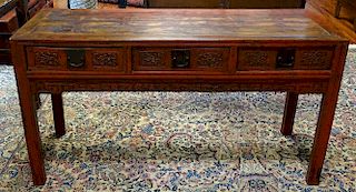 Antique Chinese carved pine red three (3) drawer desk.