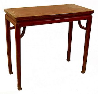 Antique Chinese red polychromed carved wood high top table.