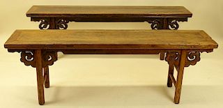Two (2) Antique Chinese elm associated long benches Unsigned.