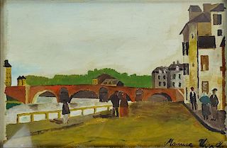 after: Maurice Utrillo, French (1883-1955) Gouache on Paper. "Along The Siene"