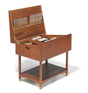 Complete Georg Jensen Acorn Silverware Set in Architect Designed Teak Furniture Box