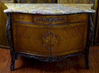 Early 20th century George III style carved mixed wood commode with marquetry inlay with marble top.