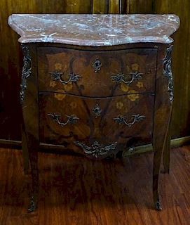 Early 20th century Louis XV style bronze mounted marquetry inlay two drawer commode with marble top.