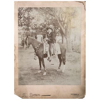 RAMÓN BARREIRO, Jinete Charro, Puebla, 1898, Unsigned Albumen on cardboard, 11.8 x 8.6" USD $230-$450