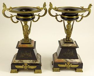 Egyptian Revival Two (2) Piece Bronze, Marble and Onyx Garniture Set.