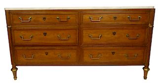Vintage Baker Furniture Directoire Style Bronze Mounted Fruitwood Six (6) Drawer Double Dresser with Marble Top.