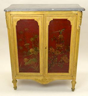 19th Century French Louis XVI-style Two Door Painted Wood Cabinet with Faux Marble Top and Chinoiserie Door Panels.