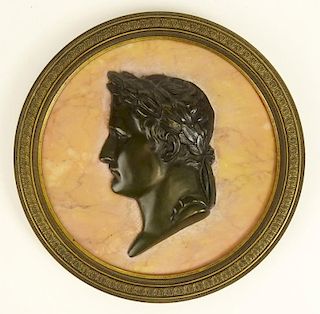 Antique Bronze Relief "Profile of Napoleon" Mounted on Rouge Marble.