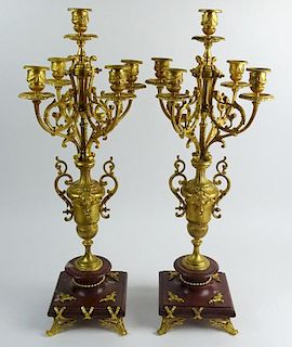 Pair of Late 19th Century French Gilt Bronze and Rouge Marble Five Light Candelabra.