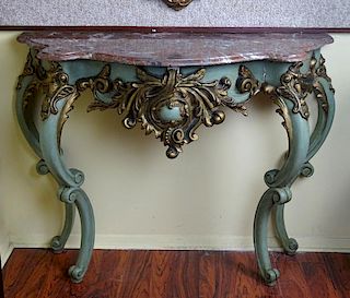 19/20th Century Italian Florentine Carved, Painted and Parcel Gilt Marble Top Wall Mount Console.