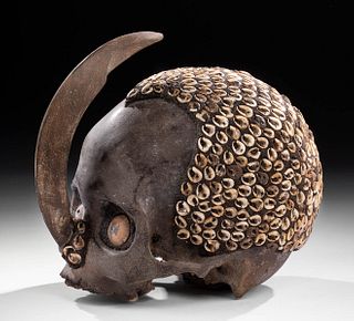 Early 20th C. Indonesian Asmat Skull, Boar Tusk, Shells