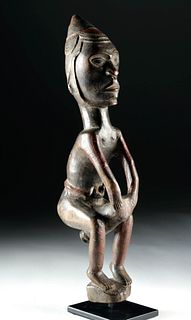 Early 20th C. African Bakongo Wood Figure, Drummer