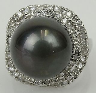 AIG Certified 13.5mm Tahitian Pearl and 0.81 Carat diamond 14 Karat White Gold Ring.